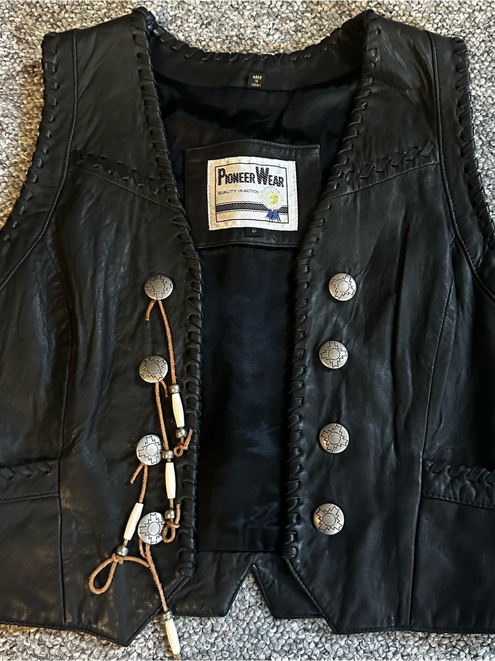 PIONEER WEAR Black Leather Western Vest with Concho Buttons